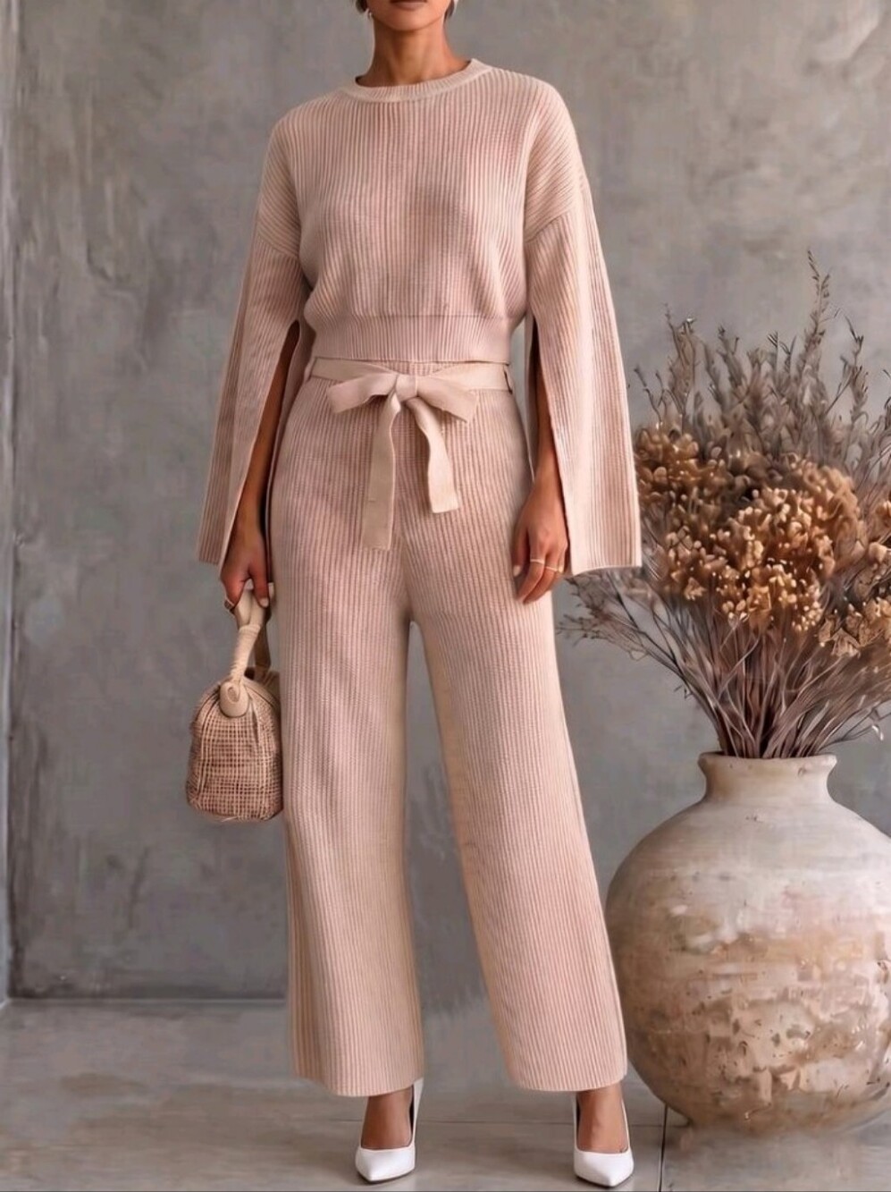 Women's Autumn/Winter New Elegant Fashion Solid Color Slit Long, 2 Piece Sets